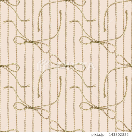 Seamless vertical pattern with ropes and a tied bow knot in beige tones. Watercolor illustration on a beige background for nautical and crafting themes, gift wrapping paper, textile prints, wallpapers 143802823