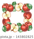 Watercolor red apple square frame wreath with half cut slices and green leaves on a isolated background 143802825