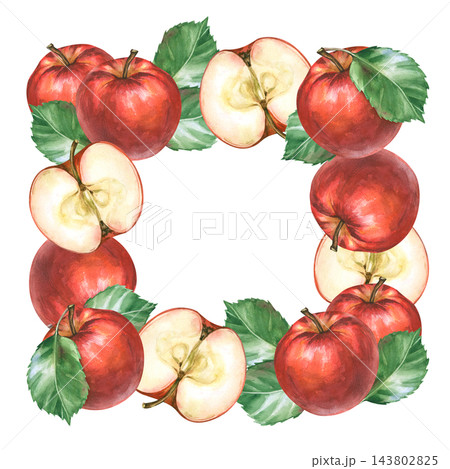 Watercolor red apple square frame wreath with half cut slices and green leaves on a isolated background 143802825