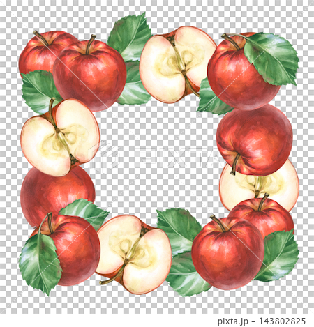 Watercolor red apple square frame wreath with half cut slices and green leaves on a isolated background 143802825