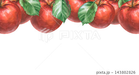 Watercolor red apple horizontal seamless border frame with green leaves on an isolated background Watercolor red apple horizontal seamless border frame with green leaves on an isolated background 143802826