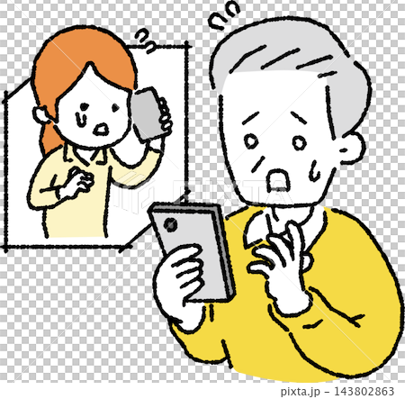 家族の泣きつきの電話に驚き焦るシニア男性のイラスト 家族の泣きつきの電話に驚き焦るシニア男性のイラスト 143802863