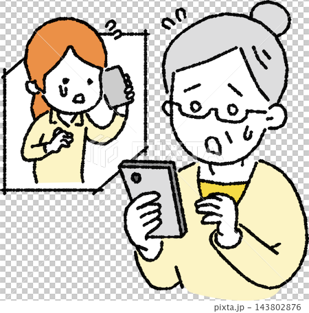 An illustration of a senior woman who is surprised and flustered by a tearful phone call from her family. 143802876