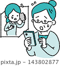 家族の泣きつきの電話に驚き焦るシニア女性のイラスト 143802877