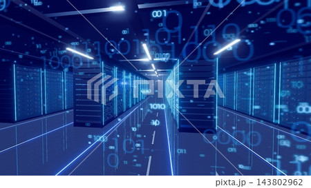 データセンターの通路、デジタルな光が輝く 143802962