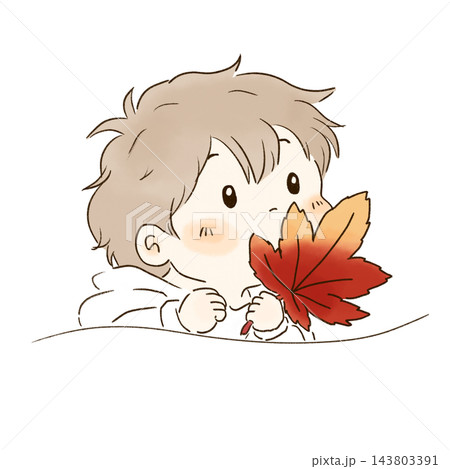 大きなもみじの葉を持って顔をのぞかせる幼児の秋の手描きイラスト 143803391