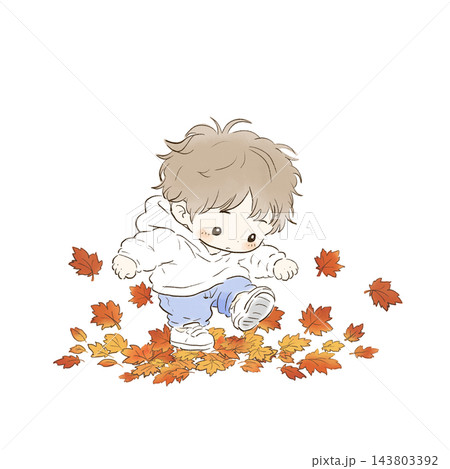 秋の落ち葉を元気に蹴って遊ぶ幼児のかわいい手描きイラスト 143803392
