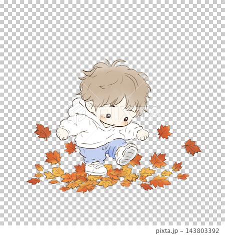 秋の落ち葉を元気に蹴って遊ぶ幼児のかわいい手描きイラスト 143803392