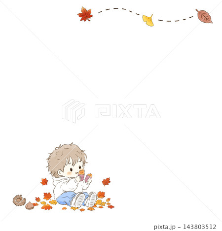 焼き芋を食べる幼児と栗・紅葉の秋の手描きイラスト 143803512