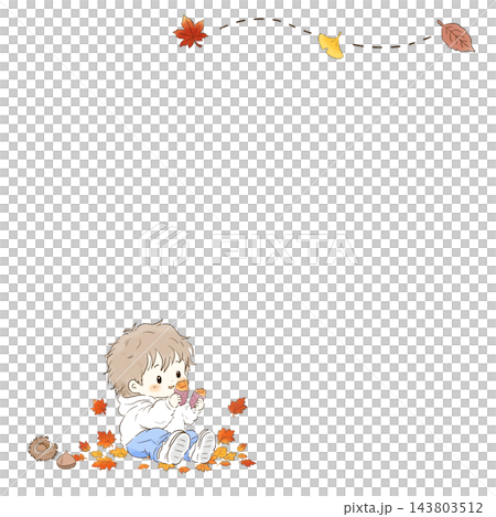 焼き芋を食べる幼児と栗・紅葉の秋の手描きイラスト 143803512