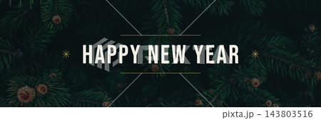 Happy New Year banner on dark spruce branches - moody holiday campaign header Happy New Year banner on dark spruce branches - moody holiday campaign header 143803516