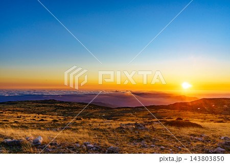 Burning sunset above clouds, Serra da Estrela, Portugal. Burning sunset above clouds, Serra da Estrela, Portugal. 143803850