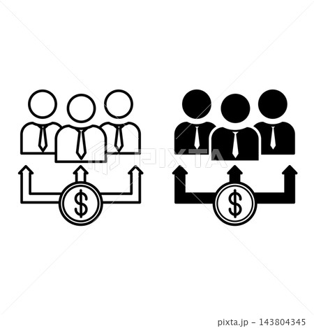 Dividend Icons. Black and White Vector Illustration. Profit Share Distributed Among Shareholders. Investors and Dollar Coin. Stock Market Concept 143804345