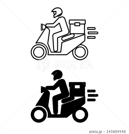 Delivery Icons. Black and White Vector Illustrations. Courier on Scooter and Helmet Carries Parcel to Customer. Delivery Service. Logistics Concept Delivery Icons. Black and White Vector Illustrations. Courier on Scooter and Helmet Carries Parcel to Customer. Delivery Service. Logistics Concept 143804548
