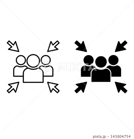 Meeting Point Icons. Black and White Vector Icons. Vector Icon. Directional Arrows. Gathering of People in a Specific Location 143804754