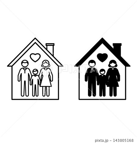 Family House Icons. Black and White Vector Illustrations. Residential House for Single Family Living. Father, Mother, and Child. Family Concept Family House Icons. Black and White Vector Illustrations. Residential House for Single Family Living. Father, Mother, and Child. Family Concept 143805168