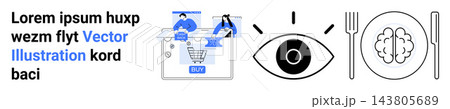Online shopping, digital security, surveillance, mental awareness, artificial intelligence, technology. A shopping cart, human figures eye symbol cutlery brain. E-commerce and digital security Online shopping, digital security, surveillance, mental awareness, artificial intelligence, technology. A shopping cart, human figures eye symbol cutlery brain. E-commerce and digital security 143805689