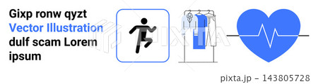 Fitness and wellness, physical activity, health tracking, apparel design, lifestyle concepts, gym promotion. Black running figure, clothing rack and heart with heartbeat line. Fitness and wellness Fitness and wellness, physical activity, health tracking, apparel design, lifestyle concepts, gym promotion. Black running figure, clothing rack and heart with heartbeat line. Fitness and wellness 143805728