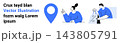 Location navigation, shopping discounts, user interaction, e-commerce, digital interface, online services. A blue map pin, a woman talking and a man holding a shopping bag. Location navigation 143805791