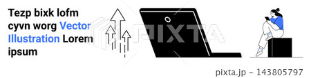 Online learning, digital communication, remote work, information sharing, education technology, professional growth. A person sitting reading next to a laptop and upward arrows. Online learning 143805797