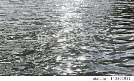 Scenery surface of pond illuminated by sun at summertime. Calm view on sea with small waves at sunny day. Beautiful summer nature landscape. Concept of tranquility scene. Slow motion 143805951