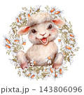 Cute Baby Lamb Illustration in Daisy Wreath with Spring Flowers 143806096