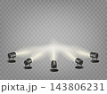 Spotlights set, stage and studio light, realistic hanging lamps. Spot lights and searchlights for concert. Vector 143806231