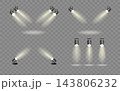 Spotlights set, stage and studio light, realistic hanging lamps. Spot lights and searchlights for concert. Vector 143806232