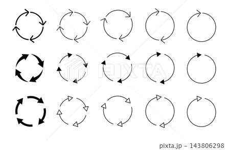 Different circular arrows of black color, different thickness and size. Vector 143806298
