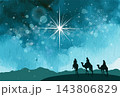 The Magi, riding camels, follow the light of the Christmas star. Not AI. Vector illustration 143806829