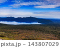 青空のもと木杭の柵が導く樽前山トレイルと眼下に広がる支笏湖のカルデラ絶景 143807029