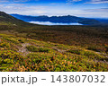 支笏湖に向かって下る樽前山の木杭トレイルと草紅葉彩る秋の山岳景観 143807032