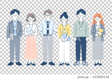 Full-body illustration of six office workers standing in a row with smiles on their faces | Male and female, employee IDs, suits, documents, glasses Full-body illustration of six office workers standing in a row with smiles on their faces | Male and female, employee IDs, suits, documents, glasses 143808136