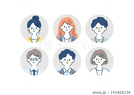 笑顔の男女6人の会社員の丸型プロフィールアイコンセット|男性、女性、眼鏡、スーツ、人物 笑顔の男女6人の会社員の丸型プロフィールアイコンセット|男性、女性、眼鏡、スーツ、人物 143808236