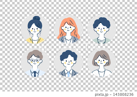 笑顔の男女6人の会社員の丸型プロフィールアイコンセット|男性、女性、眼鏡、スーツ、人物 笑顔の男女6人の会社員の丸型プロフィールアイコンセット|男性、女性、眼鏡、スーツ、人物 143808236