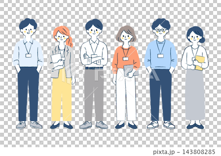Six smiling company employees, two men and two women, wearing their employee IDs and standing in a row. (Men, women, name tags, documents, glasses) Six smiling company employees, two men and two women, wearing their employee IDs and standing in a row. (Men, women, name tags, documents, glasses) 143808285