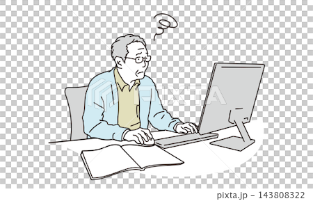 Illustration of a senior man who doesn't know how to use a computer 143808322