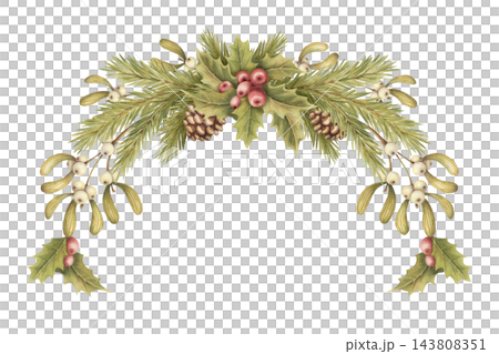 Watercolor Christmas upper half round arrangement with mistletoe and holly berry. Vintage spruce branch curve shows white berry and pinecone. Botanical traditional graphic suits holiday card decor. 143808351