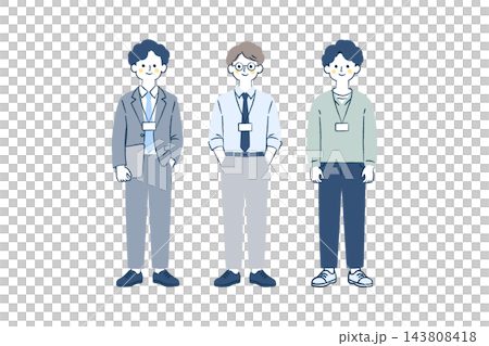 社員証をつけて並ぶ笑顔の男性会社員3人の全身イラスト|スーツ、眼鏡、ネクタイ、セーター 社員証をつけて並ぶ笑顔の男性会社員3人の全身イラスト|スーツ、眼鏡、ネクタイ、セーター 143808418