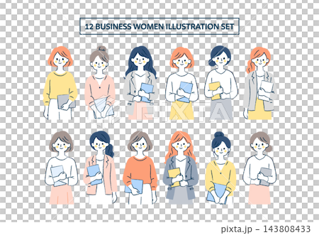 書類を持つ笑顔の女性会社員12人の上半身イラストセット|女性、ファイル、ジャケット、カーディガン 書類を持つ笑顔の女性会社員12人の上半身イラストセット|女性、ファイル、ジャケット、カーディガン 143808433