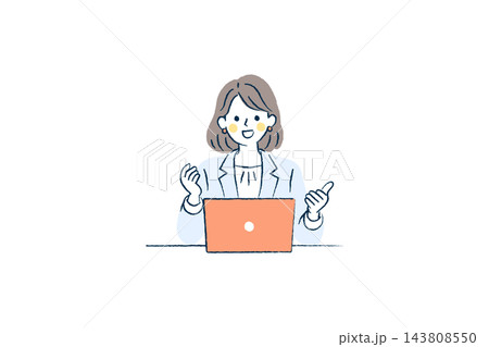 ノートパソコンの前で笑顔で説明する女性会社員のイラスト|女性、パソコン、両手、ジャケット ノートパソコンの前で笑顔で説明する女性会社員のイラスト|女性、パソコン、両手、ジャケット 143808550