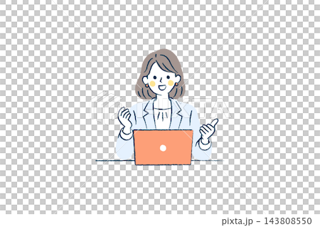 ノートパソコンの前で笑顔で説明する女性会社員のイラスト|女性、パソコン、両手、ジャケット ノートパソコンの前で笑顔で説明する女性会社員のイラスト|女性、パソコン、両手、ジャケット 143808550