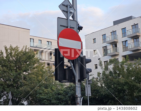 Red No Entry Traffic Sign with Traffic Lights in Warsaw 143808602