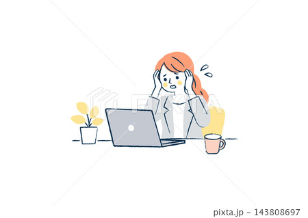 パソコン作業中に頭を抱えて困る女性会社員のイラスト|女性、ノートPC、汗、観葉植物、マグカップ パソコン作業中に頭を抱えて困る女性会社員のイラスト|女性、ノートPC、汗、観葉植物、マグカップ 143808697
