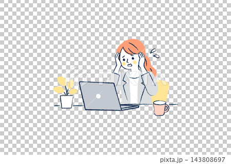 An illustration of a female office worker holding her head in frustration while working on her computer | Woman, laptop, sweat, houseplant, mug An illustration of a female office worker holding her head in frustration while working on her computer | Woman, laptop, sweat, houseplant, mug 143808697