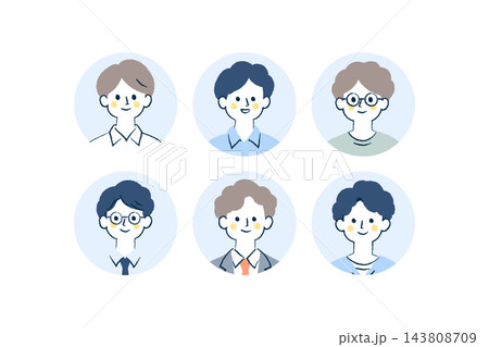 笑顔の男性6人の丸型プロフィールアイコンセット|会社員、眼鏡、スーツ、シャツ、ネクタイ 笑顔の男性6人の丸型プロフィールアイコンセット|会社員、眼鏡、スーツ、シャツ、ネクタイ 143808709