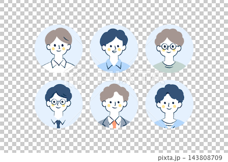 笑顔の男性6人の丸型プロフィールアイコンセット|会社員、眼鏡、スーツ、シャツ、ネクタイ 笑顔の男性6人の丸型プロフィールアイコンセット|会社員、眼鏡、スーツ、シャツ、ネクタイ 143808709
