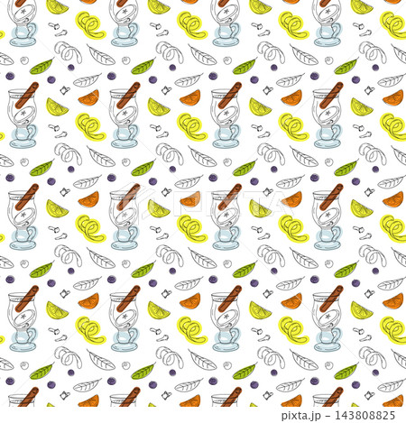 Seamless pattern of mulled wine mugs and citrus in hand-drawn doodle style for winter gift wrapping. Raster illustration on white for festive wrapping paper, winter packaging, textiles and table decor Seamless pattern of mulled wine mugs and citrus in hand-drawn doodle style for winter gift wrapping. Raster illustration on white for festive wrapping paper, winter packaging, textiles and table decor 143808825
