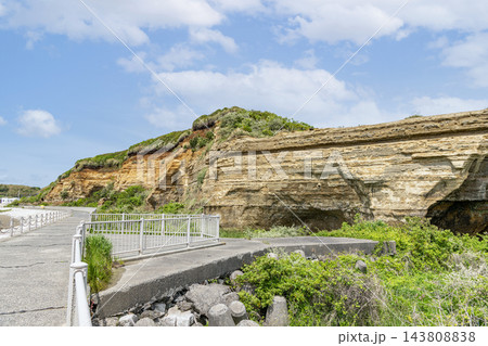 千葉県銚子市　有名な観光地　屏風ヶ浦の地質年代境界と周辺の風景 143808838