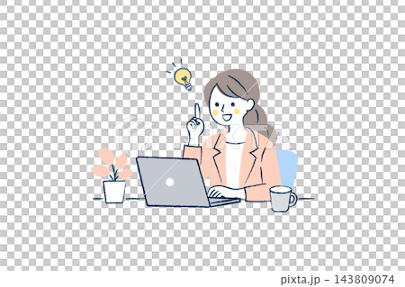 Illustration of a female office worker getting an idea while working on her computer | Light bulb, pointing finger, houseplant, mug Illustration of a female office worker getting an idea while working on her computer | Light bulb, pointing finger, houseplant, mug 143809074